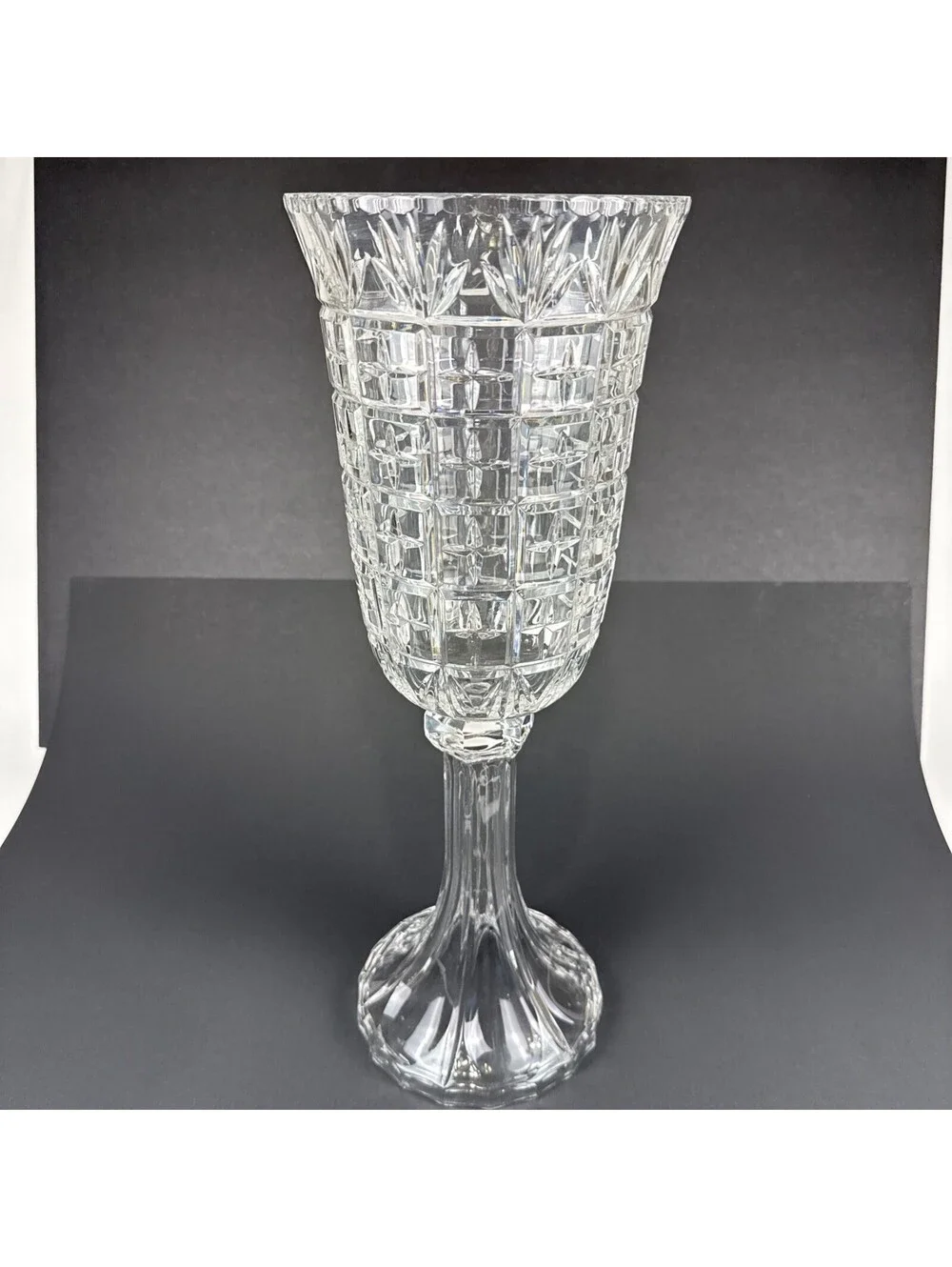 Vtg Hand Cut Crystal Cross & Olive Hurricane Flower Vase Stemmed Centerpiece 18